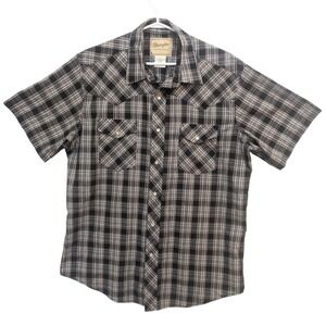 Wrangler Western‎ Shirt Men's L Black Gray Plaid Pearl Snap Short Sleeve